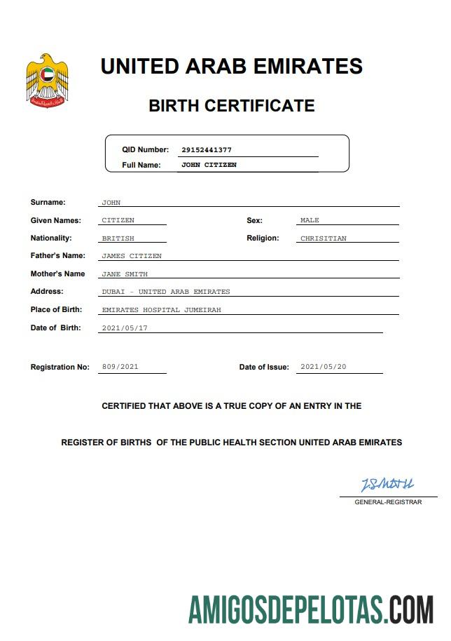 Em branco modelo Word e PDF de certidão de nascimento de registro vital dos Emirados Árabes Unidos